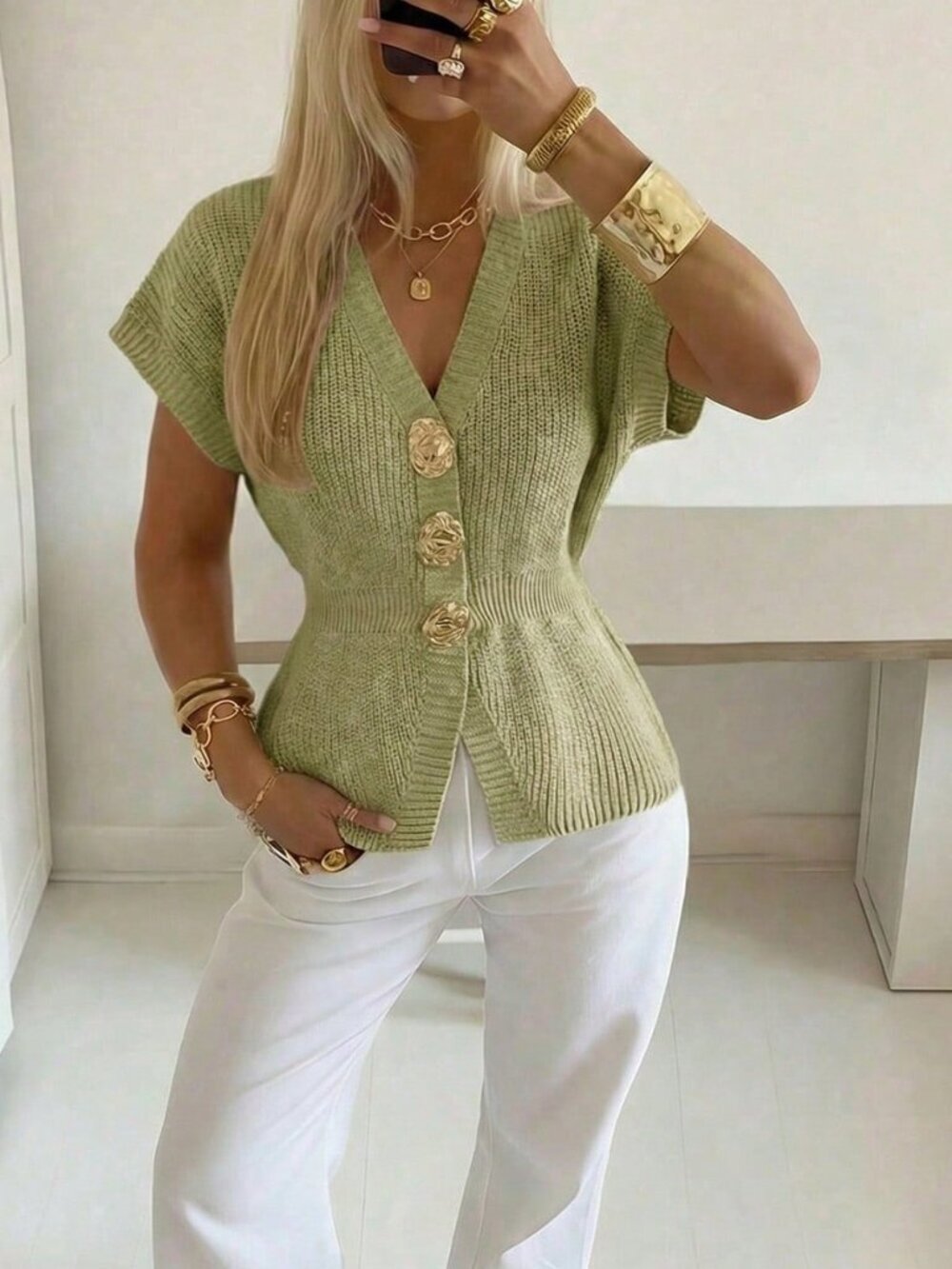 Green Casual Women's V-Neck Knitted Slim Fit Short Sleeve Top with Metal Buttons